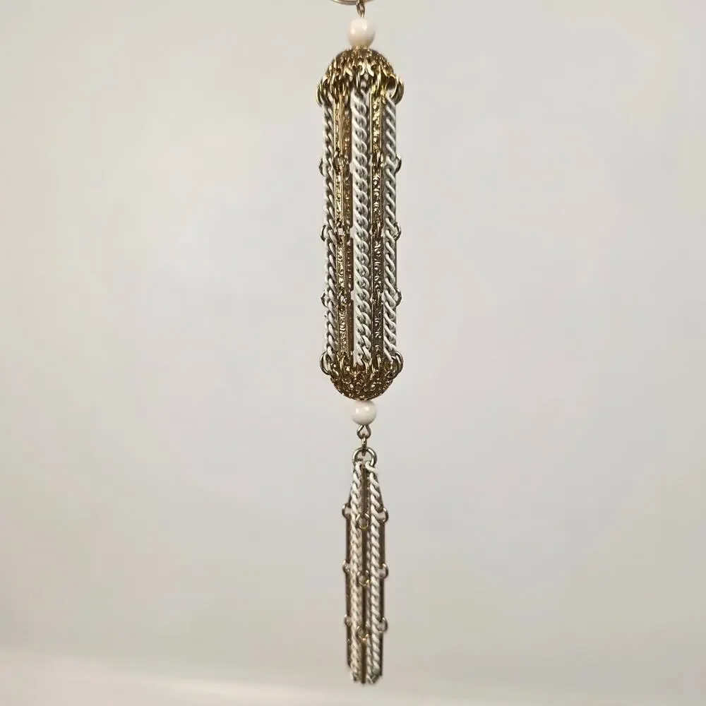 Vintage Mod White Enamel Gold Tone Tassel Pendant Necklace Statement Boho